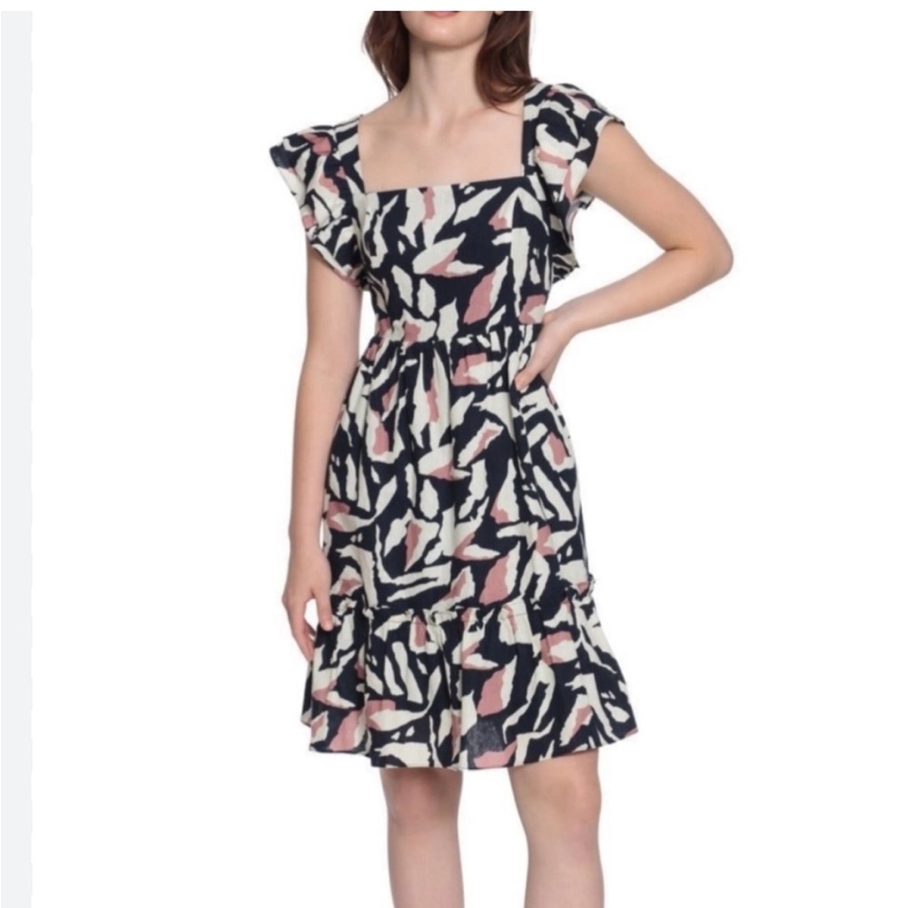Donna Morgan Square Neck Linen Blend Ruffle Dress Size 14 Black, Cream &pink